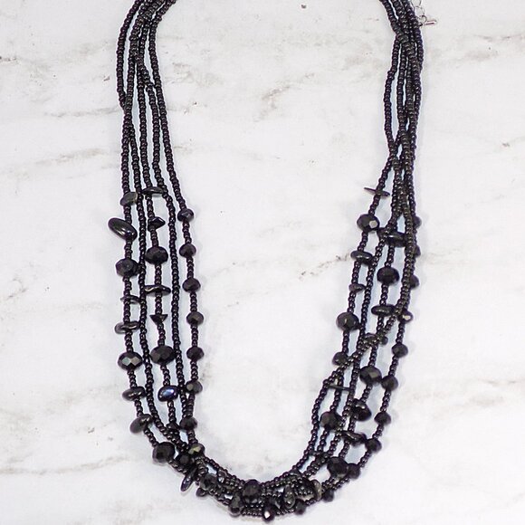 Black glass and shell bead multi strand necklace created with five bead strands - Picture 5 of 9